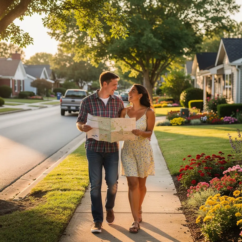 Grupa ludzi zwiedzających okolicę, rozmawiających z agentem nieruchomości.
