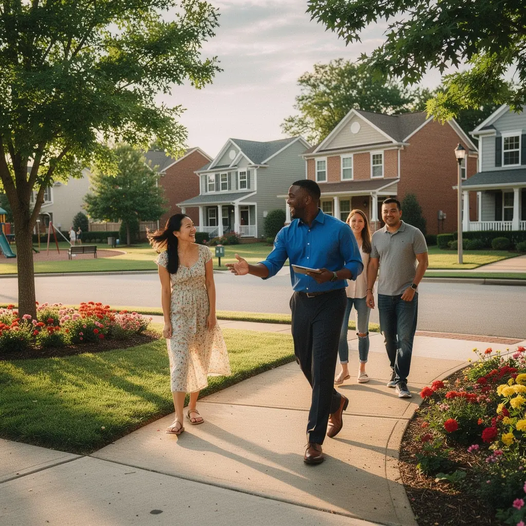 Rodzina oglądająca mieszkanie podczas wizyty z agentem nieruchomości.