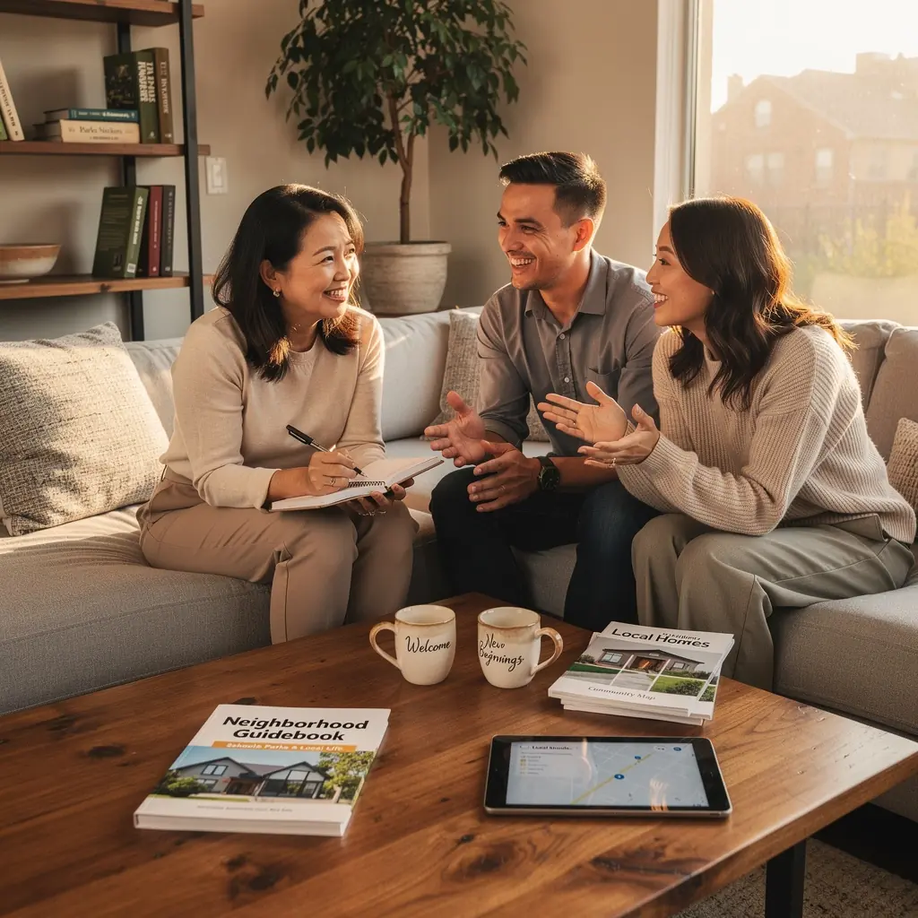 Zielony park w sąsiedztwie z placem zabaw dla dzieci.