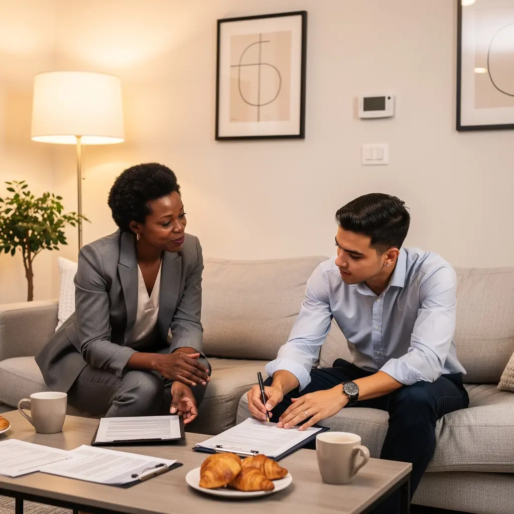 Agent nieruchomości pokazujący mieszkanie potencjalnym najemcom.