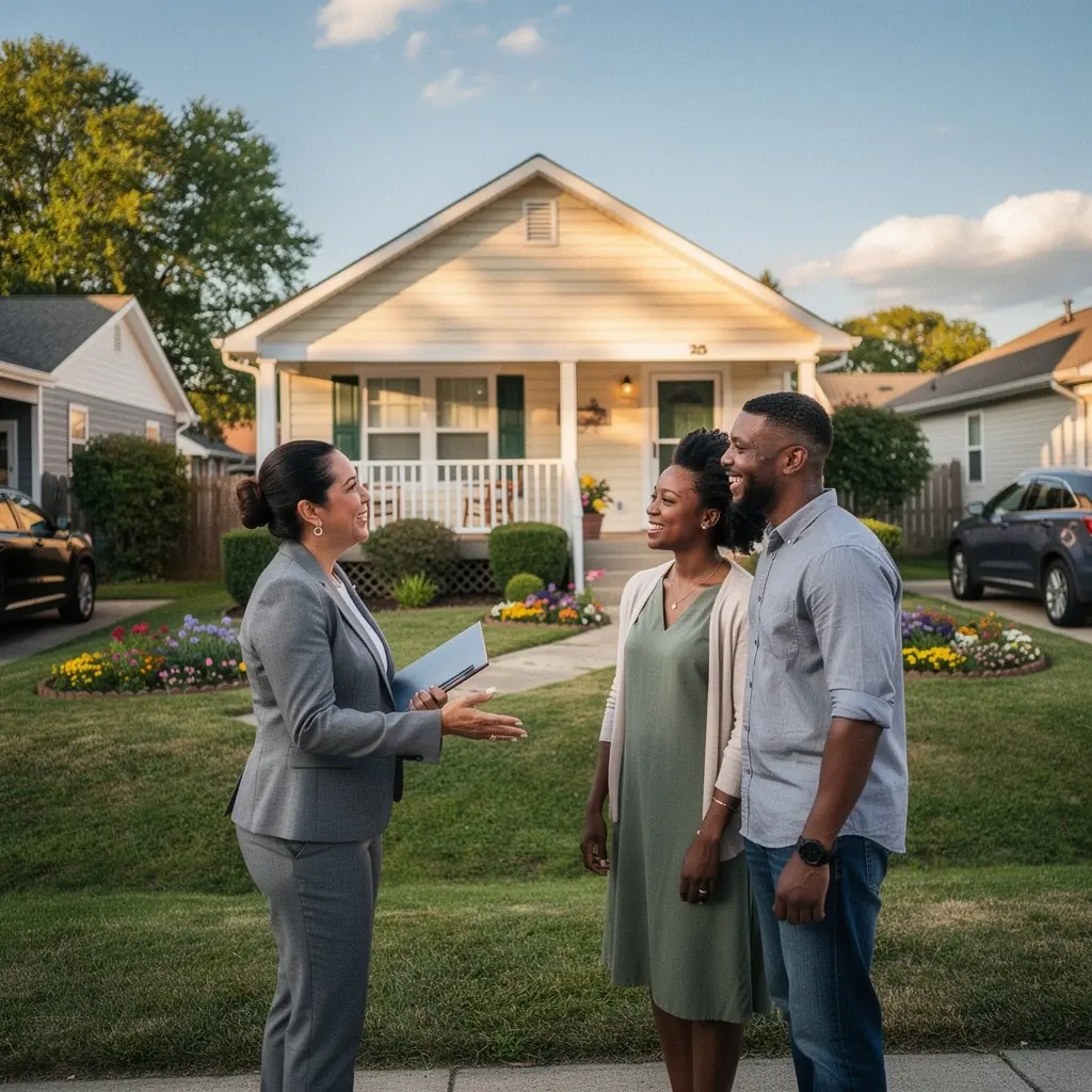 Widok na spokojną ulicę, z drzewami i przyjaznymi sąsiadami, zachęcający do osiedlenia się.