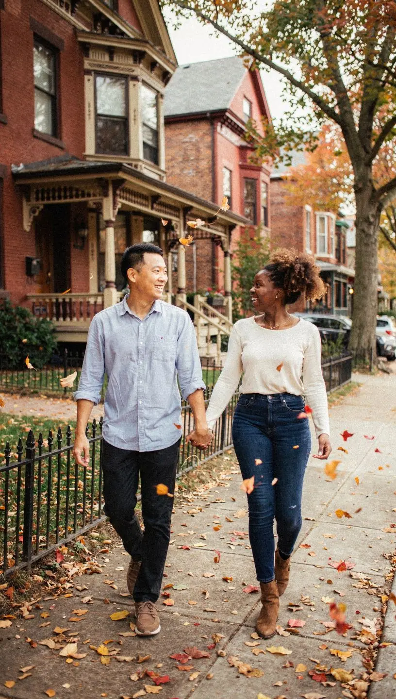 Grupa ludzi uczestniczących w wycieczce po okolicy z przewodnikiem nieruchomości.