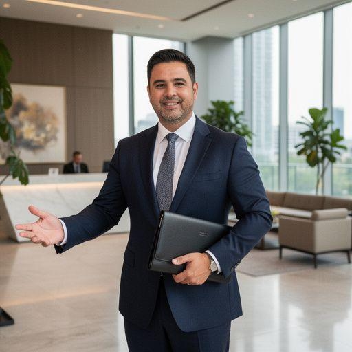 Agent nieruchomości pokazujący mieszkanie klientom w lokalnej dzielnicy.